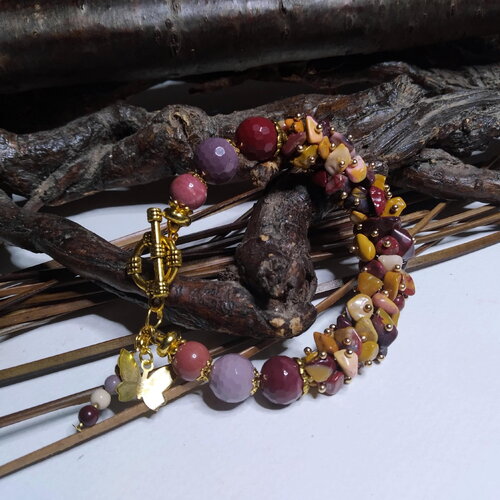 Beau bracelet bohème chic automne, poignet fin, chips et perles de jaspe moka ite, bobo chic, pierres gemmes multicolores, original, cadeau