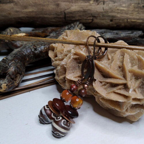 Boucles d'oreille ethniques, chic, agates dzi ocrées et cornalines, rustique, orange et marron, tribale, originales, gemmes, cadeau femme