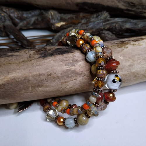 Bracelet bohème multi rangs, perle au chalumeau, agate crazy lace et verre de bohème, orange/ocre/blanc, boho chic, cadeau femme