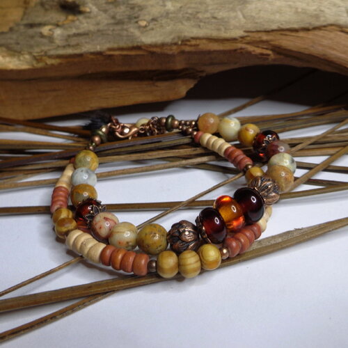 Élégant bracelet boho chic, perles au chalumeau et agate crazy lace, 2 rangs, hippie, printemps/été, clair, coco, citadin, cadeau femme