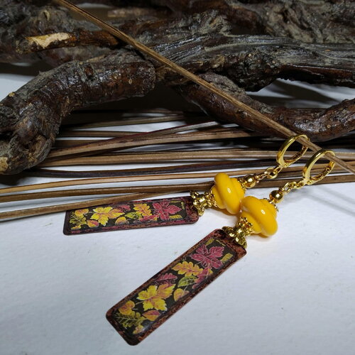 Boucles d'oreilles, cuivre émaillé motif feuilles, perles en verre filé boho chic,nature, couleur automne, moutarde/multicolore,cadeau femme