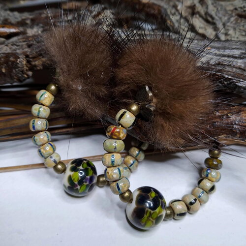 Grandes créoles nomades bohèmes ethniques, perles au chalumeau, verre de bohème, fausse fourrure, gypsy, cadeau femme
