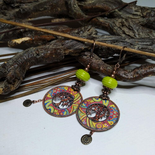 Boucles d'oreille boho chic, rustique urbain, cuivre émaillé multicolore et perle lampwork, esprit bohème, gypsy, cadeau femme