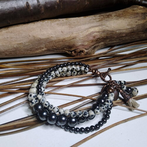 Bracelet 3 rangs bohème chic, jaspe dalmatien et hématite noire, pierres gemmes naturelles, élégant, noir et ivoire, cadeau femme