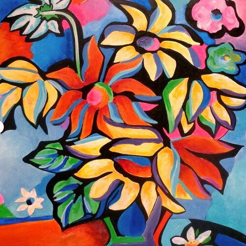 Bouquet de printemps, peinture coloriste, acrylique sur toile coton enduit, peinture moderne, bouquet stylisé, peinture multicolore, cadeau.