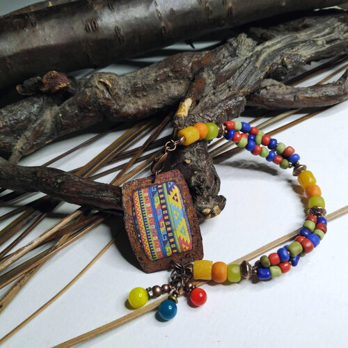 Elégant bracelet bohème multicolore, connecteur cuivre émaillé motif géométrique aztèque ethnique , perles indonésiennes, léger,cadeau femme