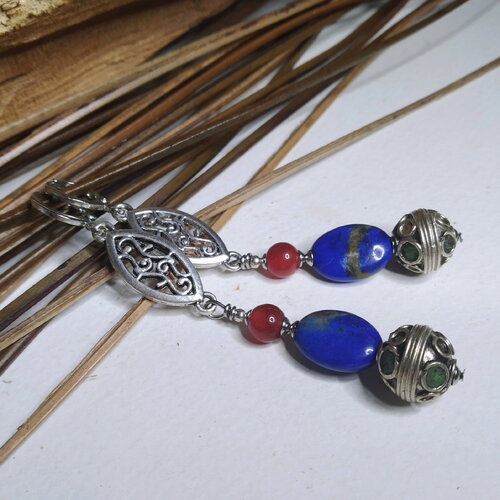 Boucles d'oreille ethniques, perles marocaines émaillées et pierres fines, lapis lazuli, cornaline, connecteurs argent vieilli, cadeau femme