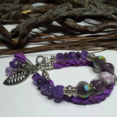 Bracelet en améthyste améthyste et perles artisanales au chalumeau, bohème chic, violet/lavande, élégant, lacet suédine tressée,cadeau femme