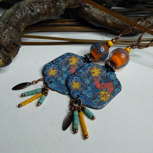 Boucles d'oreilles ethniques/bohèmes, cuivre émaillé peinture aborigène tortues, perles artisanales au chalumeau, bleu/jaune/orange, cadeau