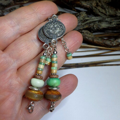 Longues boucles d'oreille ethniques chic en chrysoprase et agate dzi tibétaine, vert/marron, citadine, gemmes vertes, bohème, cadeau femme