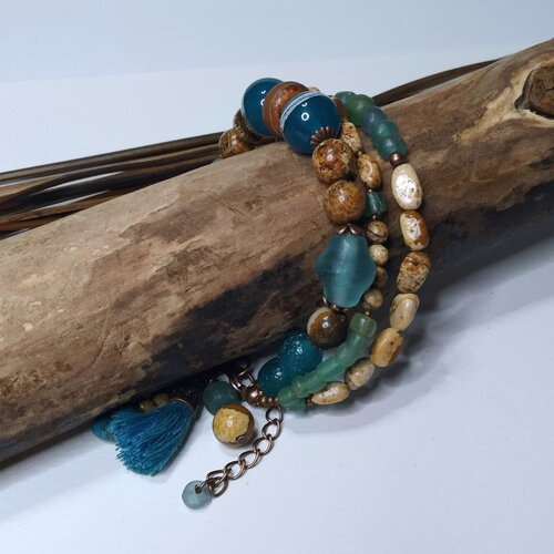Bracelet 3 rangs bohème, jaspe paysage, perles verre filé, perles en verre d'indonésie, gemmes, bleu/ocre, union ciel et terre, cadeau femme