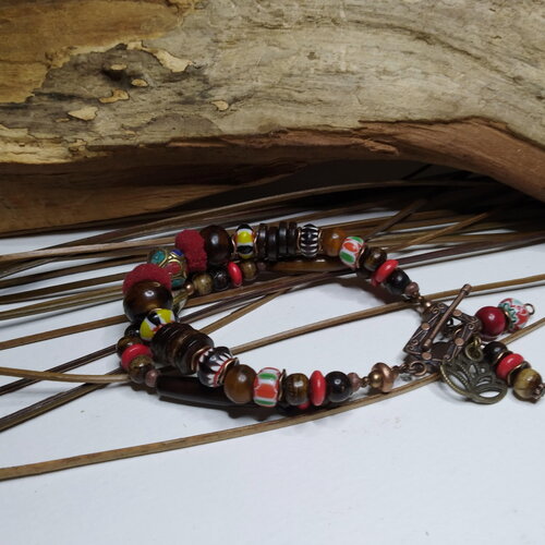 Bracelet ethnique, rustique, bracelet 2 rangs, perles népalaises, os, corne, bois et coco bracelet bohème, cadeau femme