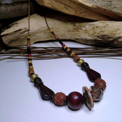 Collier ethnique unisexe mi-long, mélange de matières, bois/graines, perles africaines anciennes en corne,rustique,lacet cuir,cadeau unisexe
