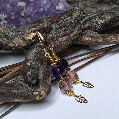 Élégantes boucles d'oreille boho chic, améthyste et super seven cacoxénite, violet/mauve clair/or, esprit rétro, cadeau femme