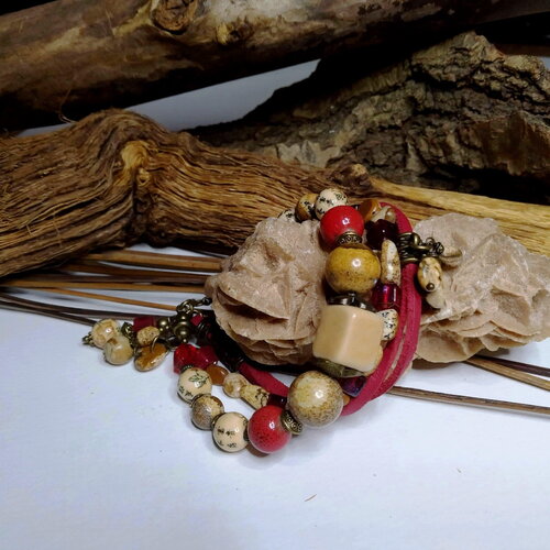 Bracelet bohème multi-rangs, céramique chinoise, jaspe paysage, bracelet rustique/ethnique, pierres fines,verre indien,bordeaux,cadeau femme