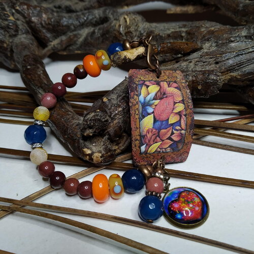 Elégant bracelet multicolore, connecteur cuivre émaillé, jaspe et agate, lampwork et verre indonésien, motif feuillage automne, cadeau femme