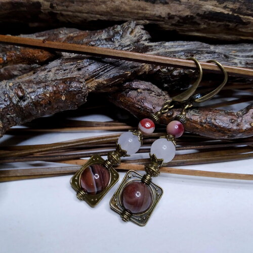 Boucles d'oreille bohèmes, agates botswana et laiteuse, jaspe mokaïte, rustique, pierres gemmes, marron/blanc, cadeau femme