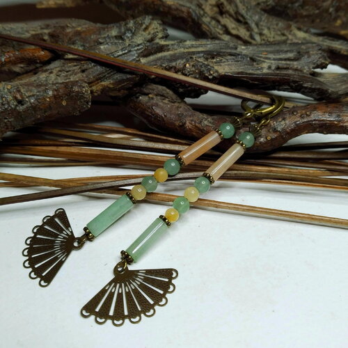 Boucles d'oreilles longilignes pierres fines, aventurine verte et jaune, boho chic, rustique, légères, printemps/été  cadeau femme