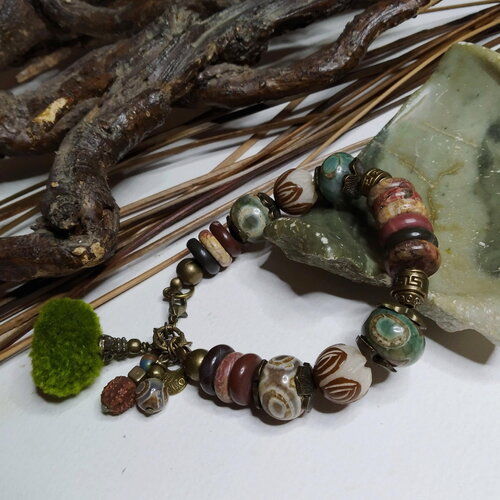 Bracelet ethnique chic/rustique, marron et vert, agates dzi, jaspe picaso, boho chic, perles bodhi fleur de lotus, gemmes, cadeau femme