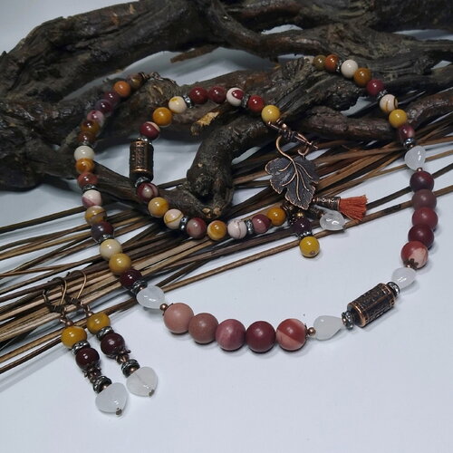 Parure en pierres gemmes, jaspe mokaïte et quartz blanc, collier + bracelet + boucles d'oreilles, délicate parure colorée, cadeau femme