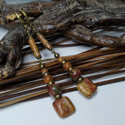 Boucles d'oreille longilignes perles jaspe picasso et paysage, pierres gemmes multicolores, céramique, boho chic, automne, cadeau femme