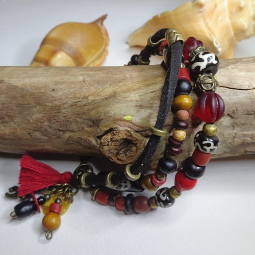Collier Ethnique en BOIS d/'Indonésie Multicolore Wood