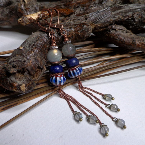Boucles d'oreille ethniques, rustiques, perles chevron bleues népalaises/labradorite grade 3a/lapîs lazuli, élégantes,citadines