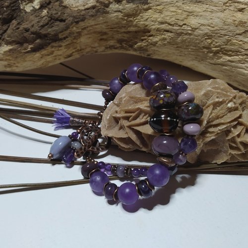 Bracelet bohème 2 rangs, mélange d'améthystes, perles artisanales au chalumeau, boho chic, pierres fines, gemmes violettes, cadeau femm