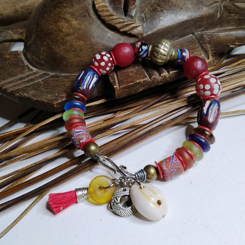 Bracelet ethnique unisexe rustique, perles tribales africaines et  indonésiennes, perles verre ancien, rouge/bleu, semi-rigide, cadeau