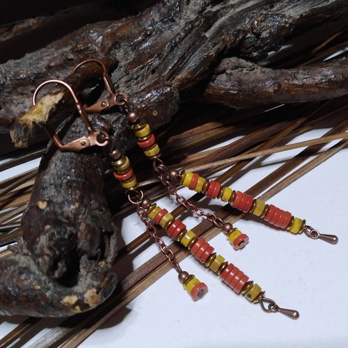 Boucles d'oreilles longilignes pierres fines, heishi jaspe rouge/larderite/hématite, boho chic, rustique, jaune et rouge, cadeau