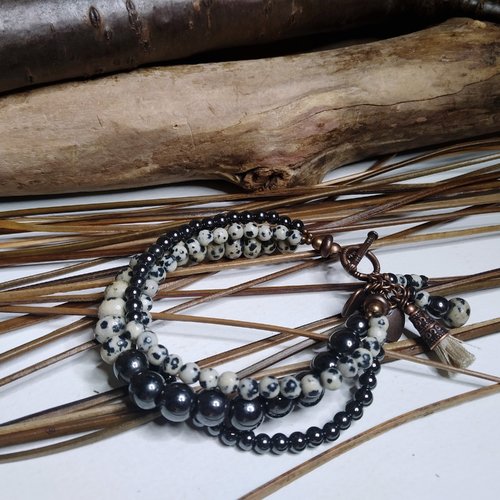 Bracelet 3 rangs bohème chic, jaspe dalmatien et hématite noire, pierres gemmes naturelles, élégant, noir et ivoire