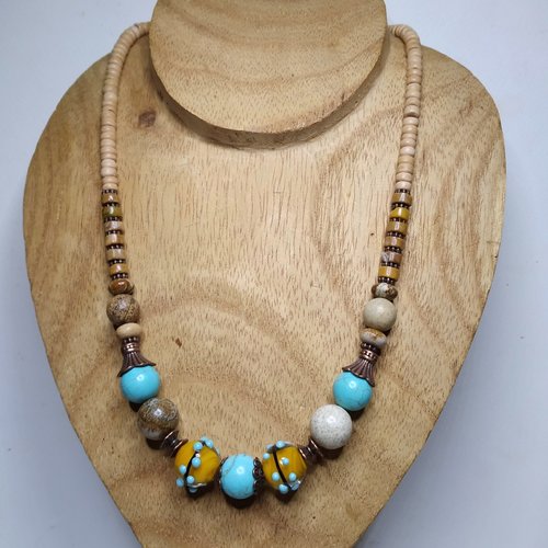 Collier court boho chic, perles artisanales lampwork, jaspe paysage/howlite/larderite, bleu/ocre/marron, gemmes, automne