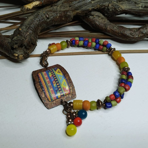 Elégant bracelet bohème multicolore, connecteur cuivre émaillé motif ethnique, perles rustiques indonésiennes, léger, cadeau