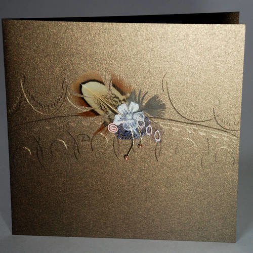Carte dentelle avec plumes et rubans,bronze irisé n°7 