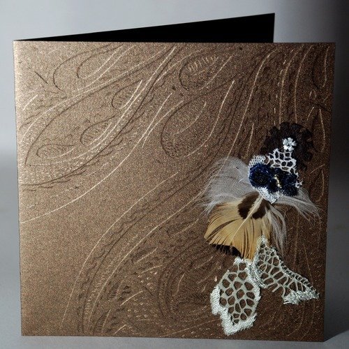 Carte dentelle avec plumes et rubans,bronze irisé n°14