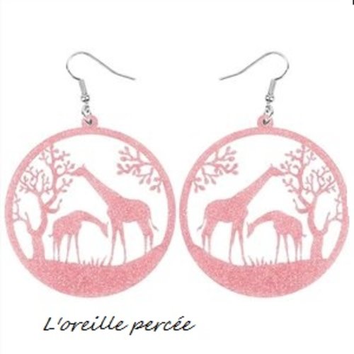 Boucles d'oreille duo de girafe rose paillette