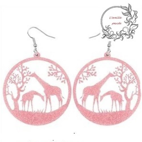 Boucles d'oreille duo de girafe rose paillette