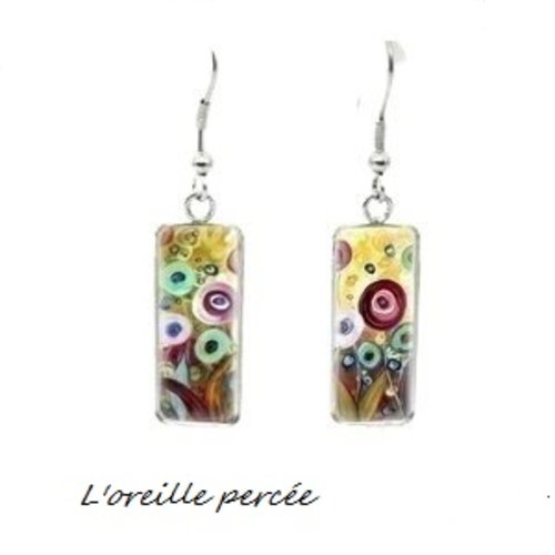 Boucle d'oreille rectangle fleurie