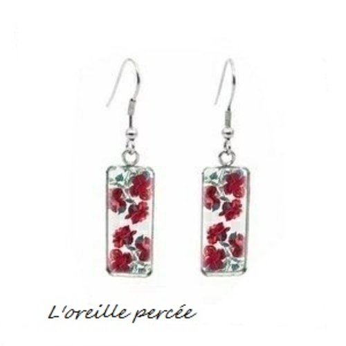 Boucle d'oreille rectangle fleur