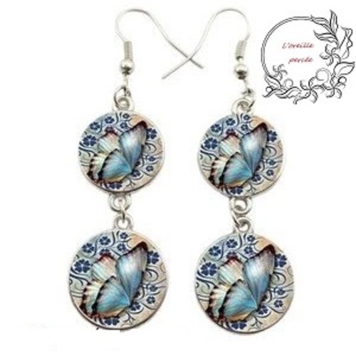 Boucle d'oreille double cabochon papillon bleuté
