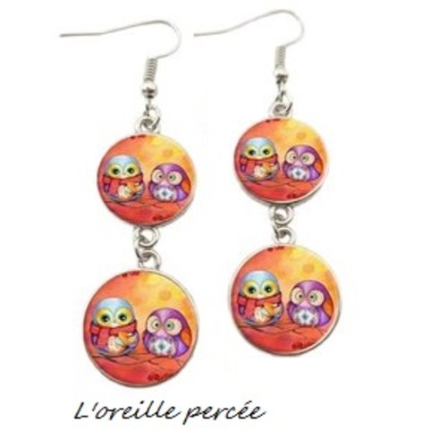 Boucle d'oreille double cabochon duo de hibou