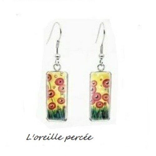 Boucle d'oreille rectangle fleurs rouges