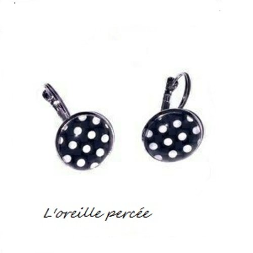 Boucles d'oreilles cabochon noir à pois blanc