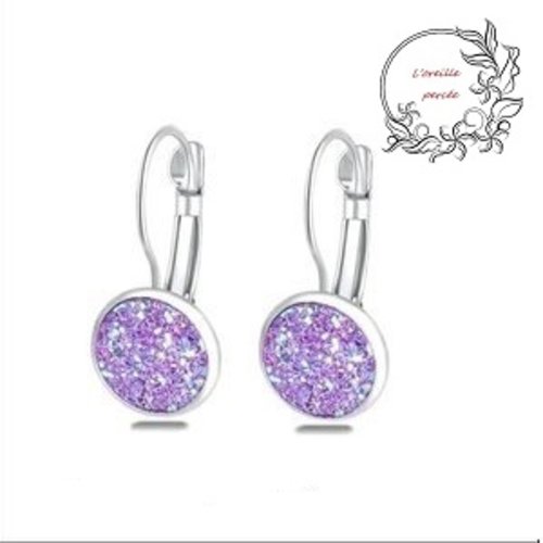 Boucle d'oreille cabochon druzy parme argent 925