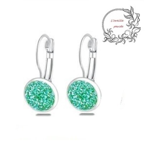 Boucle d'oreille cabochon druzy vert argent 925