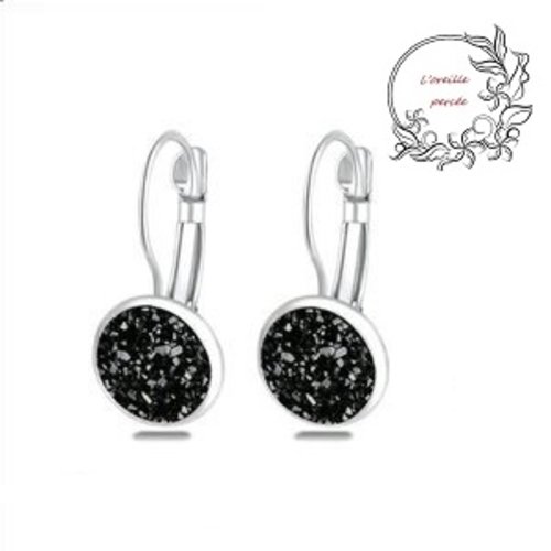 Boucle d'oreille cabochon druzy noir argent 925