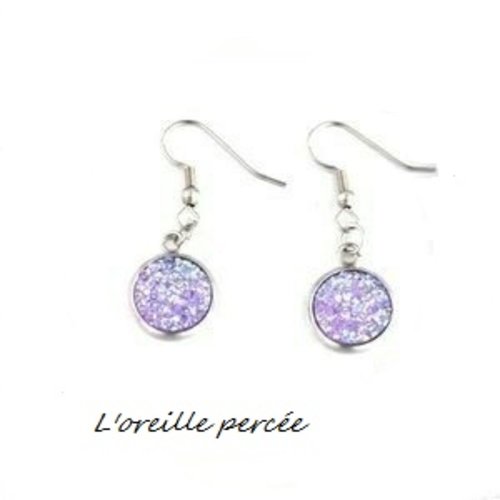 Boucle d'oreille cabochon druzy parme 12mm