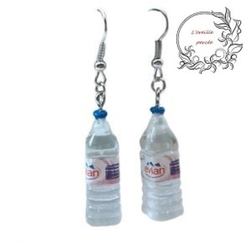 Boucle d'oreille bouteille d'eau évian carrée