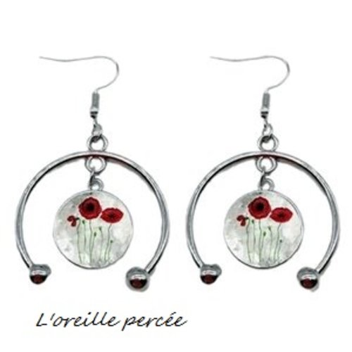 Boucle d'oreille cabochon pavot rouge 16mm