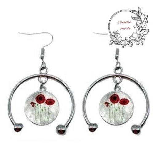 Boucle d'oreille cabochon pavot rouge 16mm